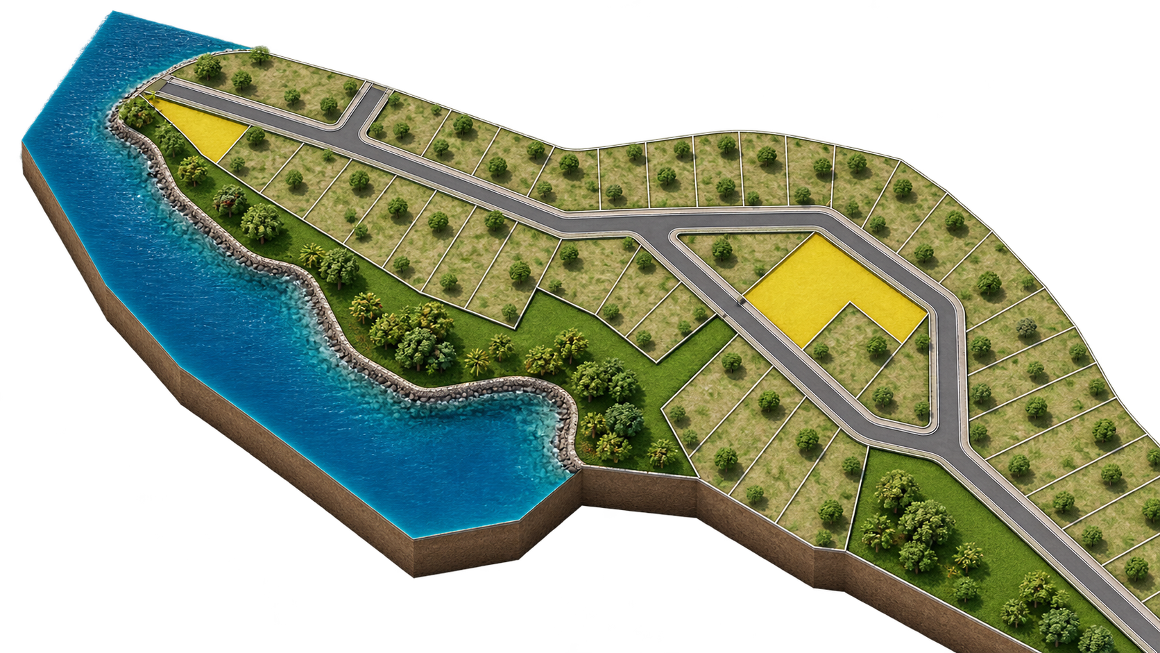Aproximação da maquete destacando vias, lotes e a relação com Furnas